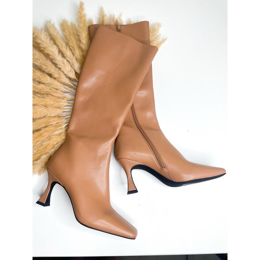 Jeffrey Campbell Tall Pointed Toe Tan Leather Knee-High Boots - Picture 2 of 10
